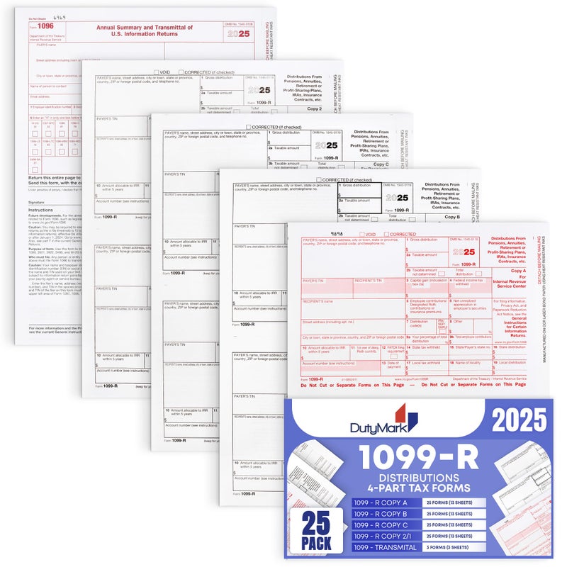 Dutymark 1099-R Tax Forms 2025 (distributions) 25 Sets of 4-Part, Laser Forms, Federal and State Copies (2 Forms on a Sheet) with 3 1096 Transmittals, 2025 - Image 1